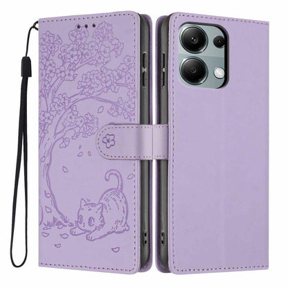 Tree cat embossed flip vegan leather phone case with wrist strap, lilac/purple