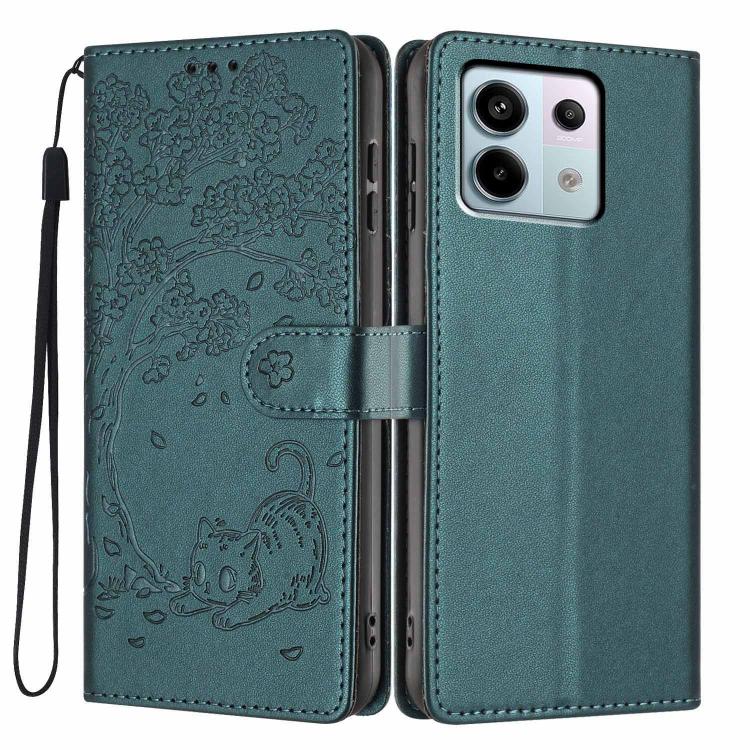 Teal embossed cat flip phone case, shown front and back, with wrist strap and slots