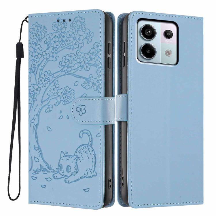 Light blue embossed cat flip phone case, shown front and back, with wrist strap and slots