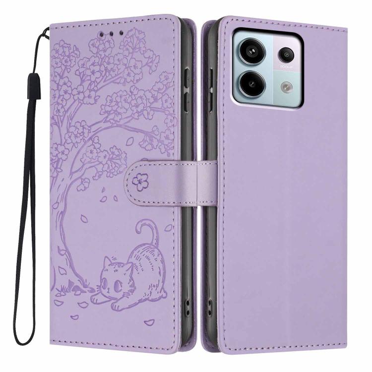 Purple tree cat embossed flip vegan leather phone case, wrist strap, magnetic band