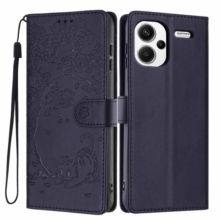 Dark blue flip vegan leather phone case with embossed tree cat, wrist strap, camera cutout.