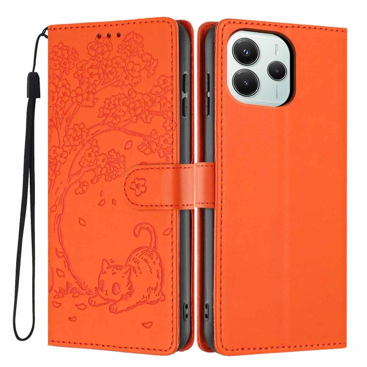 Orange flip phone case with cat embossed design, vegan leather, wrist strap, camera cutout
