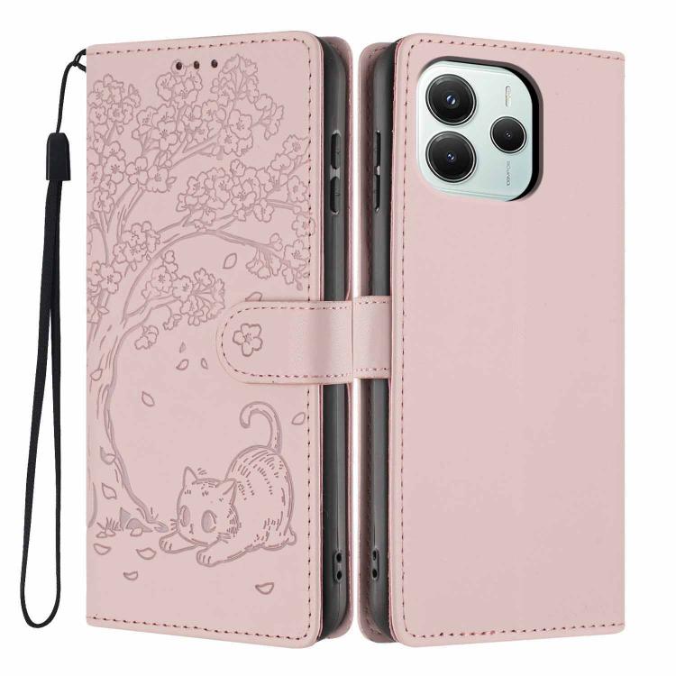 Rose pink flip phone case with embossed cat and tree pattern, wrist strap included