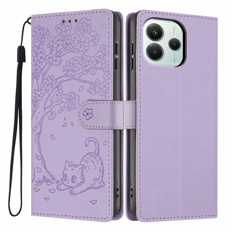 Lavender flip phone case with embossed cat and tree pattern, wrist strap included