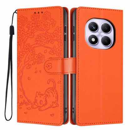 Orange embossed cat flip phone case with wrist strap and belt-style closure