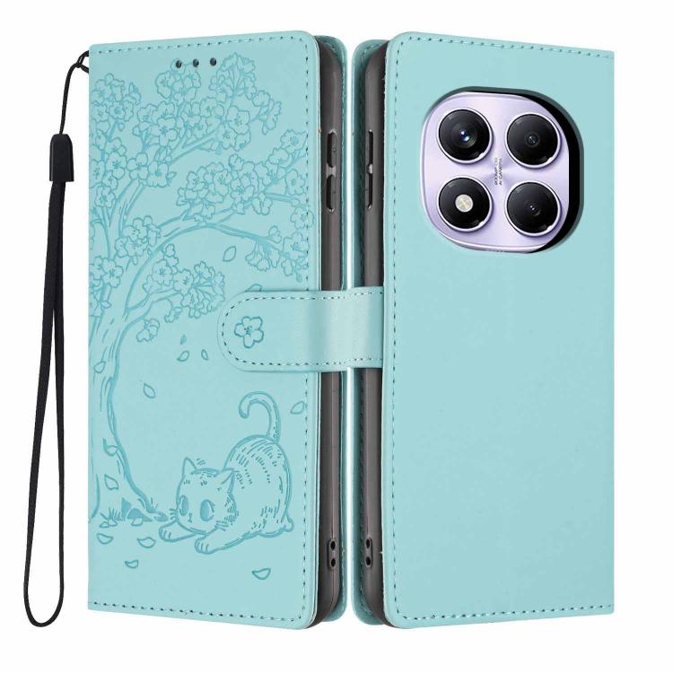 Light blue embossed cat flip phone case with wrist strap and belt-style closure