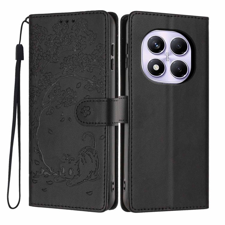 Black embossed cat flip phone case with wrist strap and camera cutout