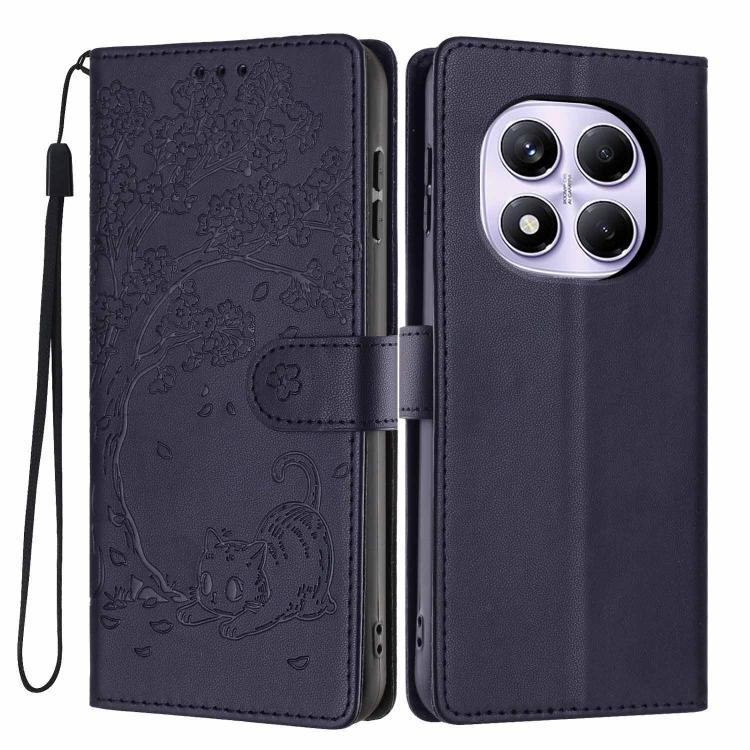 Dark blue embossed cat flip phone case with wrist strap and camera cutout