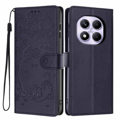 Dark blue embossed cat flip phone case with wrist strap and camera cutout