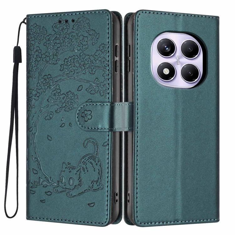 Teal green embossed cat flip phone case with wrist strap and dual camera cutouts