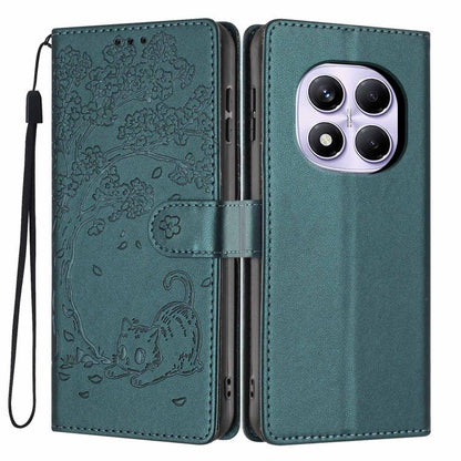 Teal green embossed cat flip phone case with wrist strap and dual camera cutouts