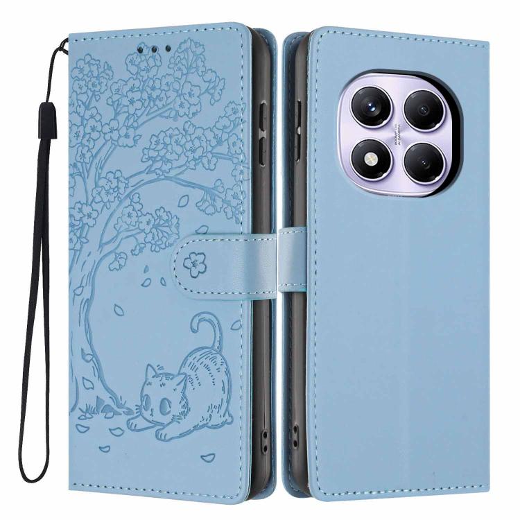 Light blue embossed cat flip phone case with wrist strap and dual camera cutouts