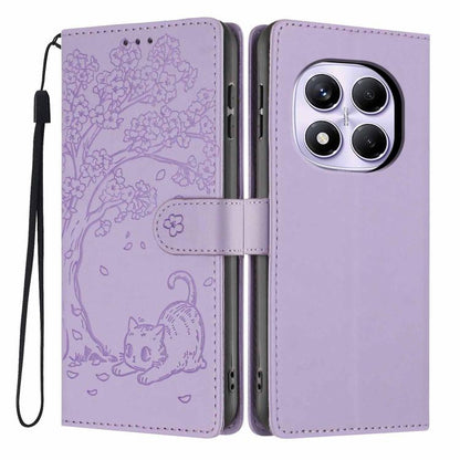 Purple embossed cat flip phone case with wrist strap and dual camera cutouts