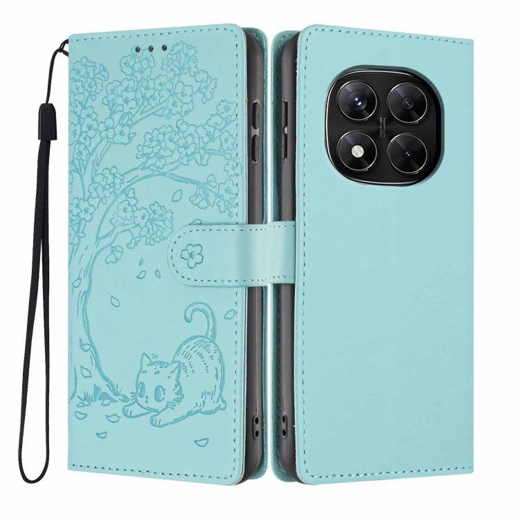 Aqua blue flip phone case with embossed cat and tree pattern, wrist strap included