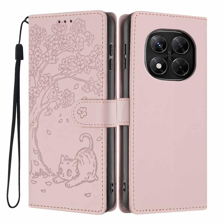 Blush pink flip phone case with embossed cat and tree pattern, wrist strap included