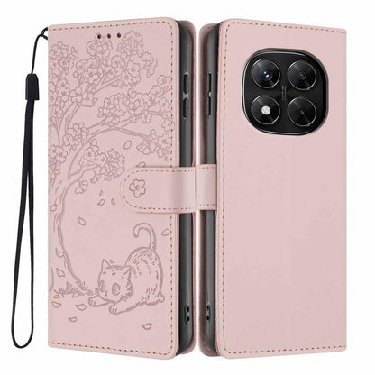 Blush pink flip phone case with embossed cat and tree pattern, wrist strap included