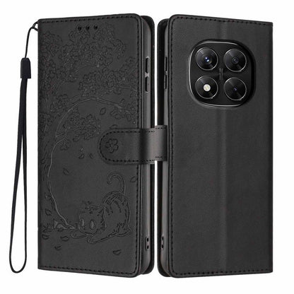 Black embossed tree cat flip vegan leather phone case with wrist strap and card slot