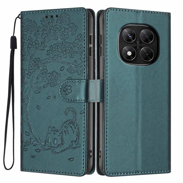 Deep green embossed tree cat flip vegan leather phone case with wrist strap
