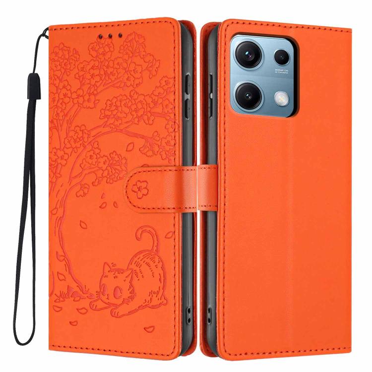 Orange flip phone case with embossed cat scene, card slot, and wrist strap
