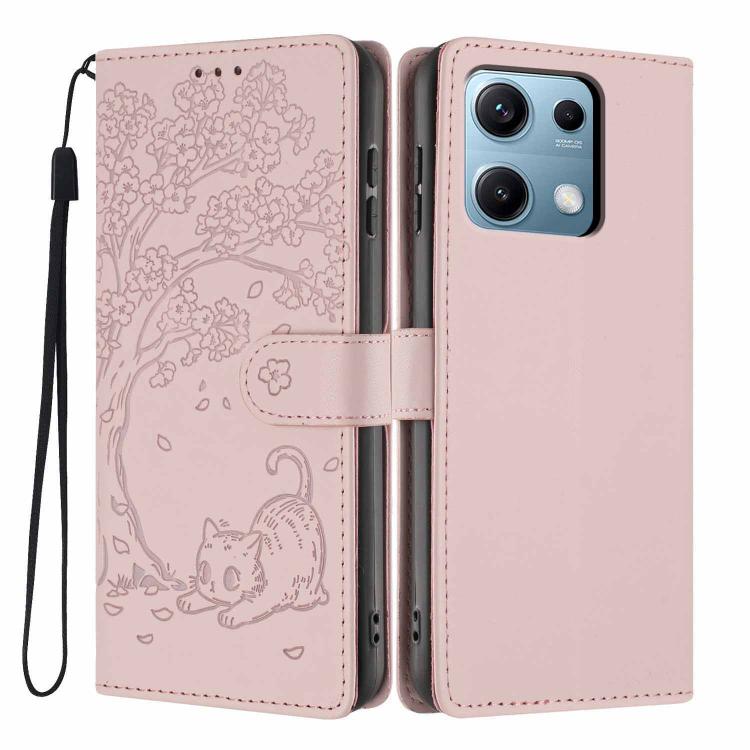 Rose pink flip phone case with embossed cat scene, card slot, and wrist strap