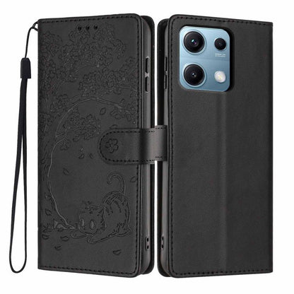 Black embossed tree cat flip phone case with magnetic strap and wrist lanyard