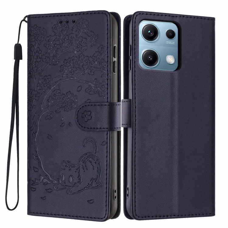 Dark blue embossed tree cat flip phone case with magnetic strap and wrist lanyard