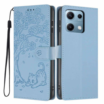 Sky blue embossed tree cat flip phone case with magnetic strap and wrist lanyard