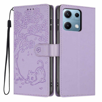 Purple embossed tree cat flip phone case with magnetic strap and wrist lanyard