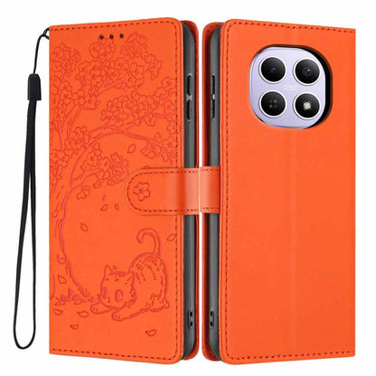 Orange embossed flip vegan leather phone case with tree cat pattern and wrist strap