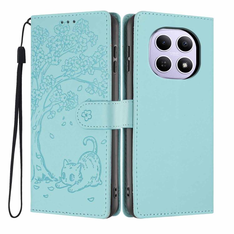 Sky blue embossed flip vegan leather phone case with tree cat pattern and wrist strap