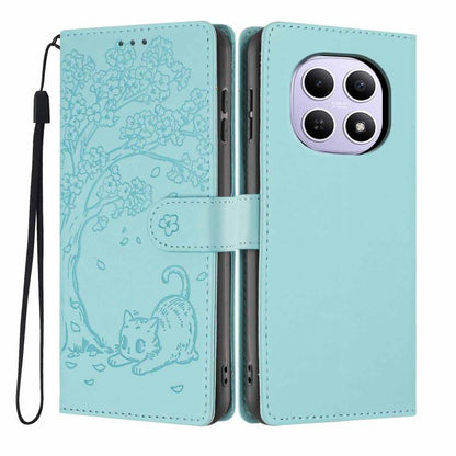 Sky blue embossed flip vegan leather phone case with tree cat pattern and wrist strap