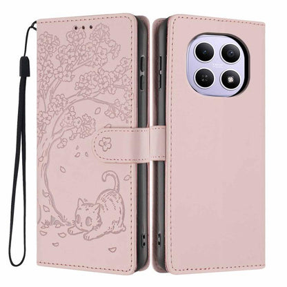 Rose pink embossed flip vegan leather phone case with tree cat pattern and wrist strap