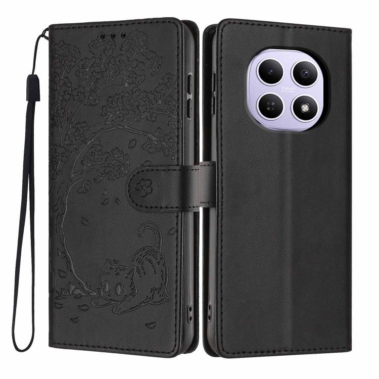 Black embossed flip vegan leather phone case with tree cat pattern and wrist strap