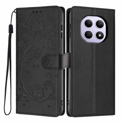 Black embossed flip vegan leather phone case with tree cat pattern and wrist strap