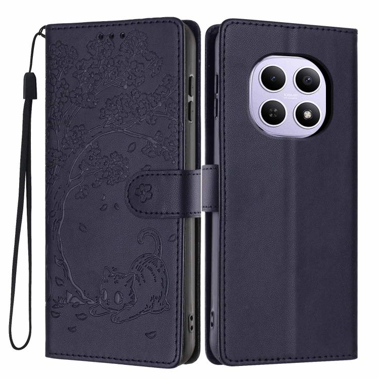 Navy embossed flip vegan leather phone case with tree cat pattern and wrist strap