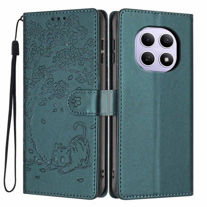 Embossed tree cat flip vegan leather phone case with wrist strap, teal green