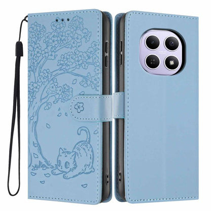 Embossed tree cat flip vegan leather phone case with wrist strap, light blue