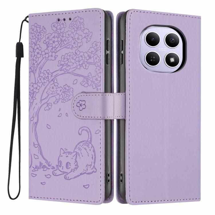 Embossed tree cat flip vegan leather phone case with wrist strap, lavender purple