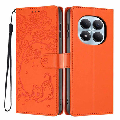 Embossed tree cat flip vegan leather phone case with wrist strap, orange