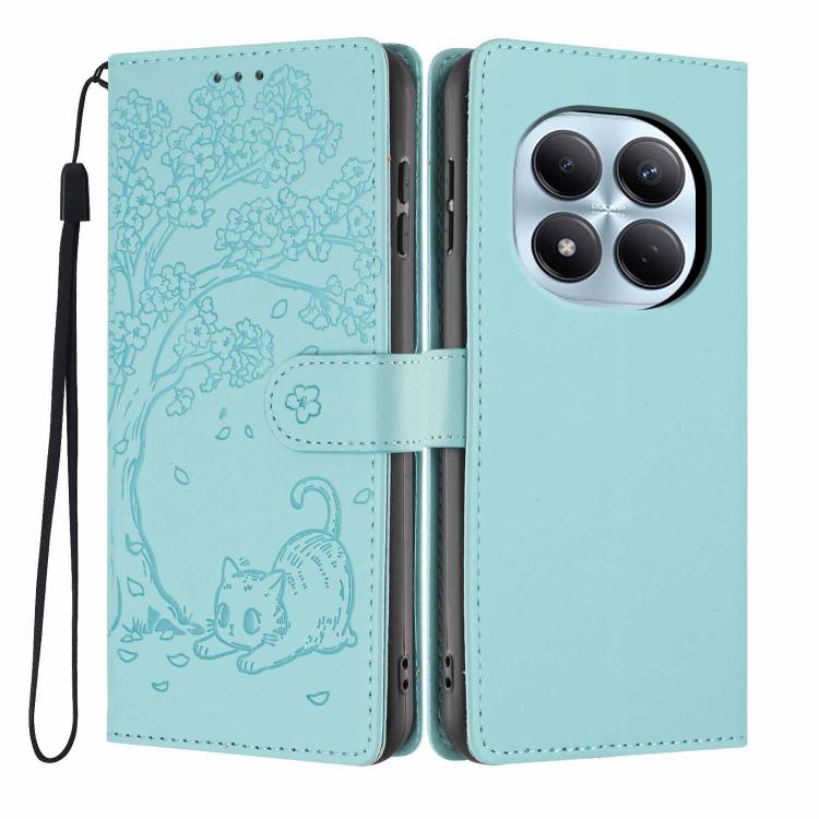 Embossed tree cat flip vegan leather phone case with wrist strap, aqua blue