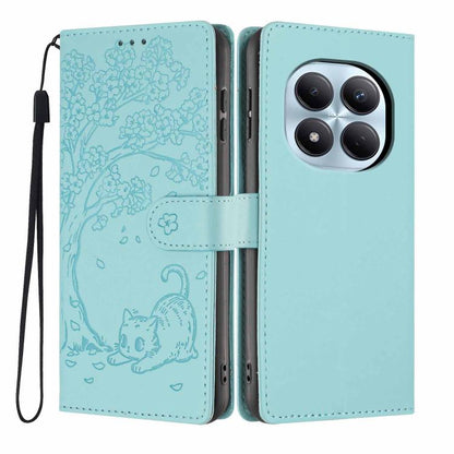 Embossed tree cat flip vegan leather phone case with wrist strap, aqua blue