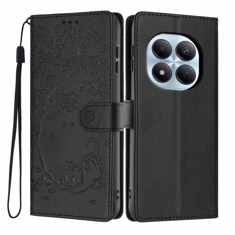 Embossed tree cat flip vegan leather phone case with wrist strap, black