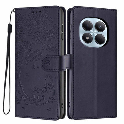 Embossed tree cat flip vegan leather phone case with wrist strap, dark navy