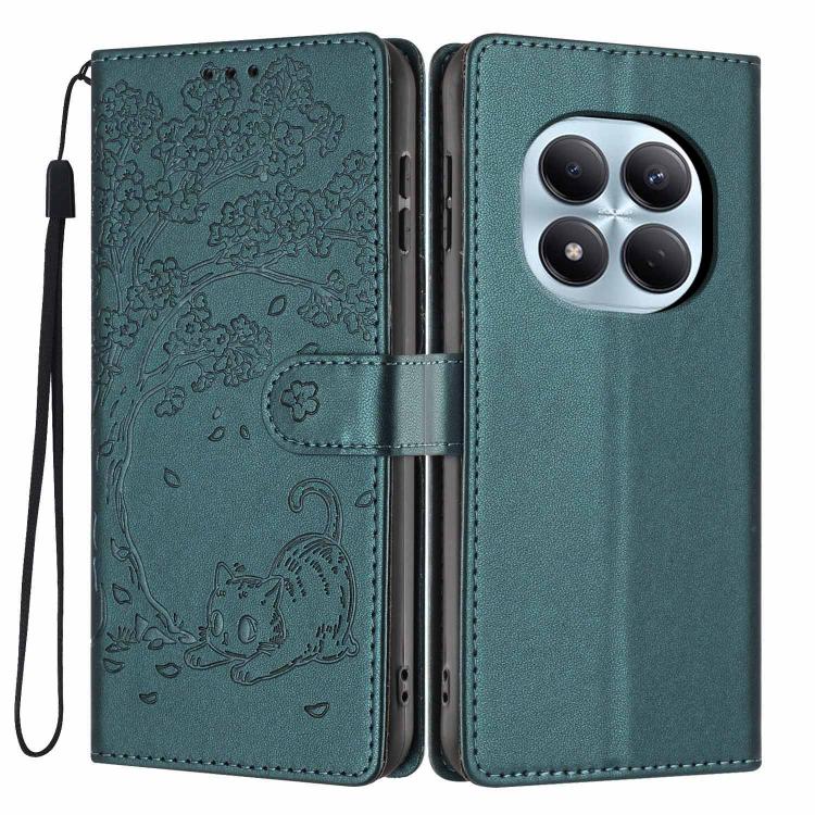 Embossed tree cat flip vegan leather phone case with wrist strap, teal green