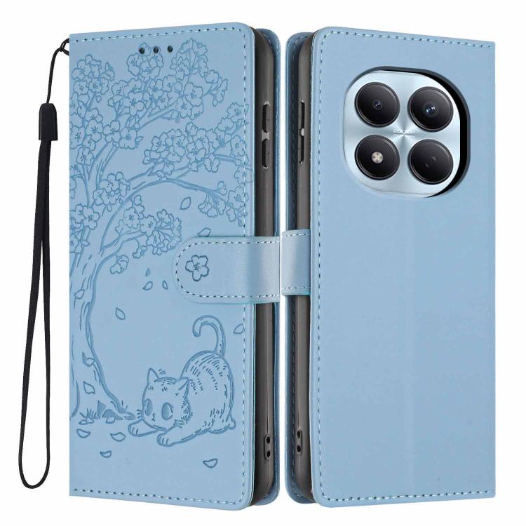 Embossed tree cat flip vegan leather phone case with wrist strap, light blue