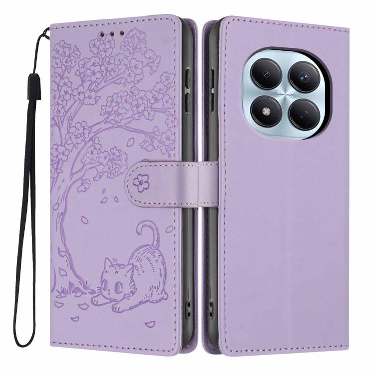 Lavender vegan leather flip phone case with embossed tree cat design and wrist strap