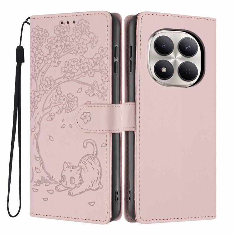 Rose pink vegan leather flip phone case with embossed tree cat design and wrist strap