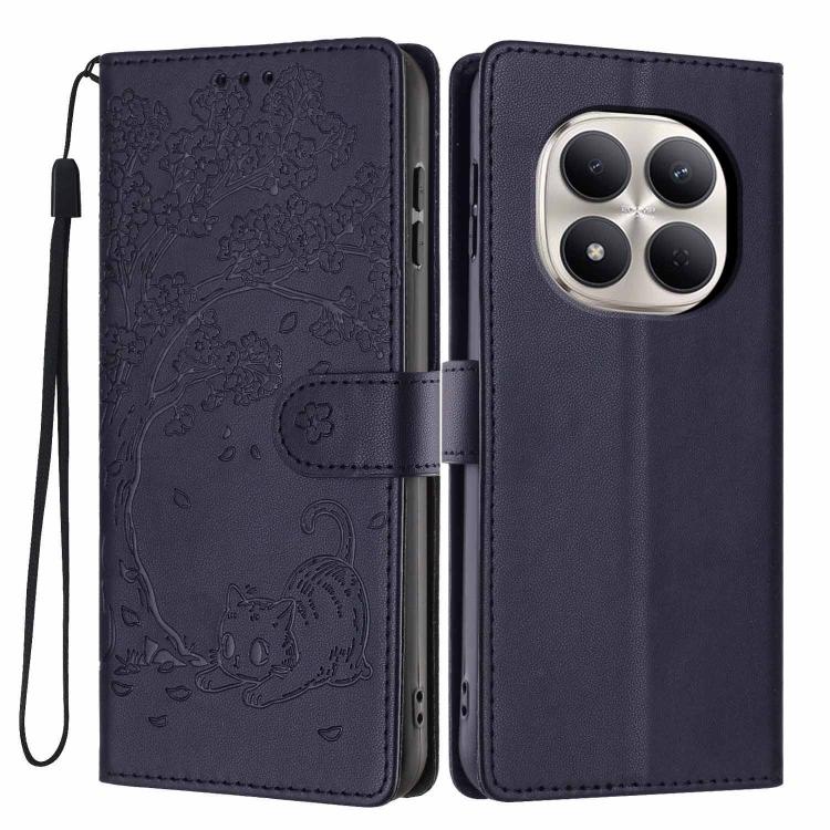 Dark blue vegan leather flip phone case with embossed tree cat design and wrist strap