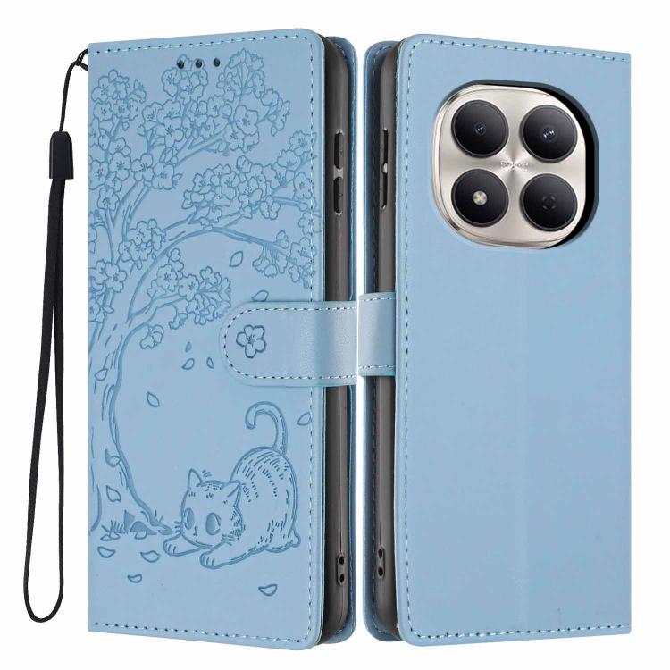 Sky blue vegan leather flip phone case with embossed tree cat design and wrist strap