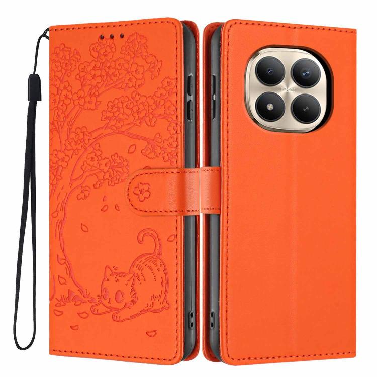 Orange embossed flip phone case with tree-and-cat pattern, wrist strap, and camera cutout